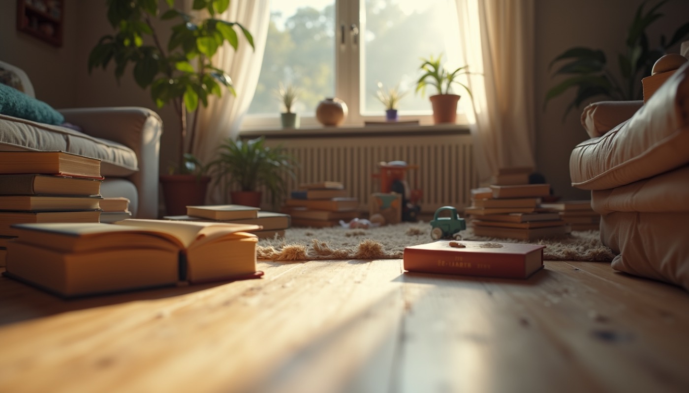 A cozy family living room filled with books and toys, reflecting a nurturing environment.
